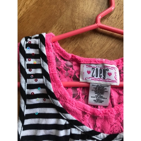 Zoey | Girls Black White & Pink lace Striped Dress - Picture 4 of 4